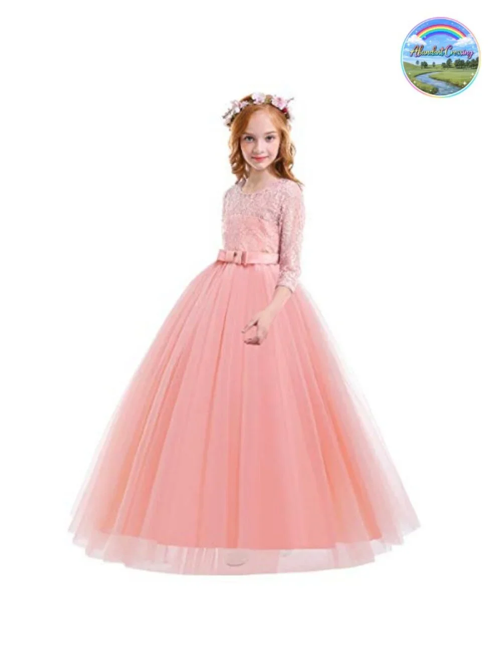 Flower Girl Lace Maxi Dress 3/4 Sleeve Princess Formal Wedding